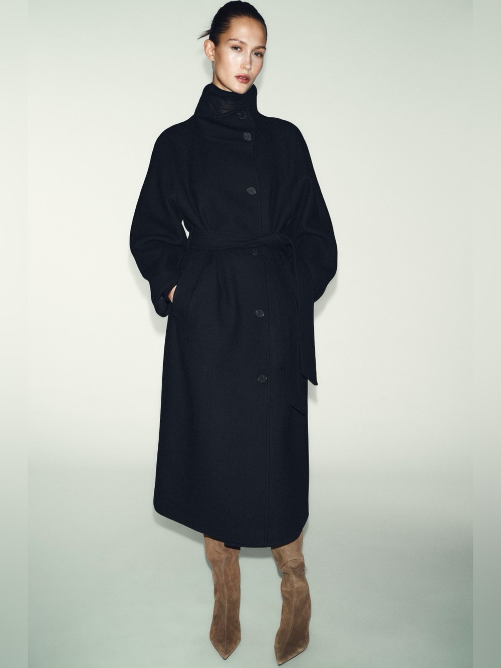 NWT Zara Woman Bloggers Fav LONG COAT WITH WOOL AND HIGH NECK Black Size L Large